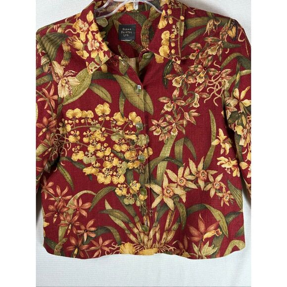 Susan Bristol Floral Linen Blend Jacket Red Gold Green Botanical Blazer L - Picture 6 of 14